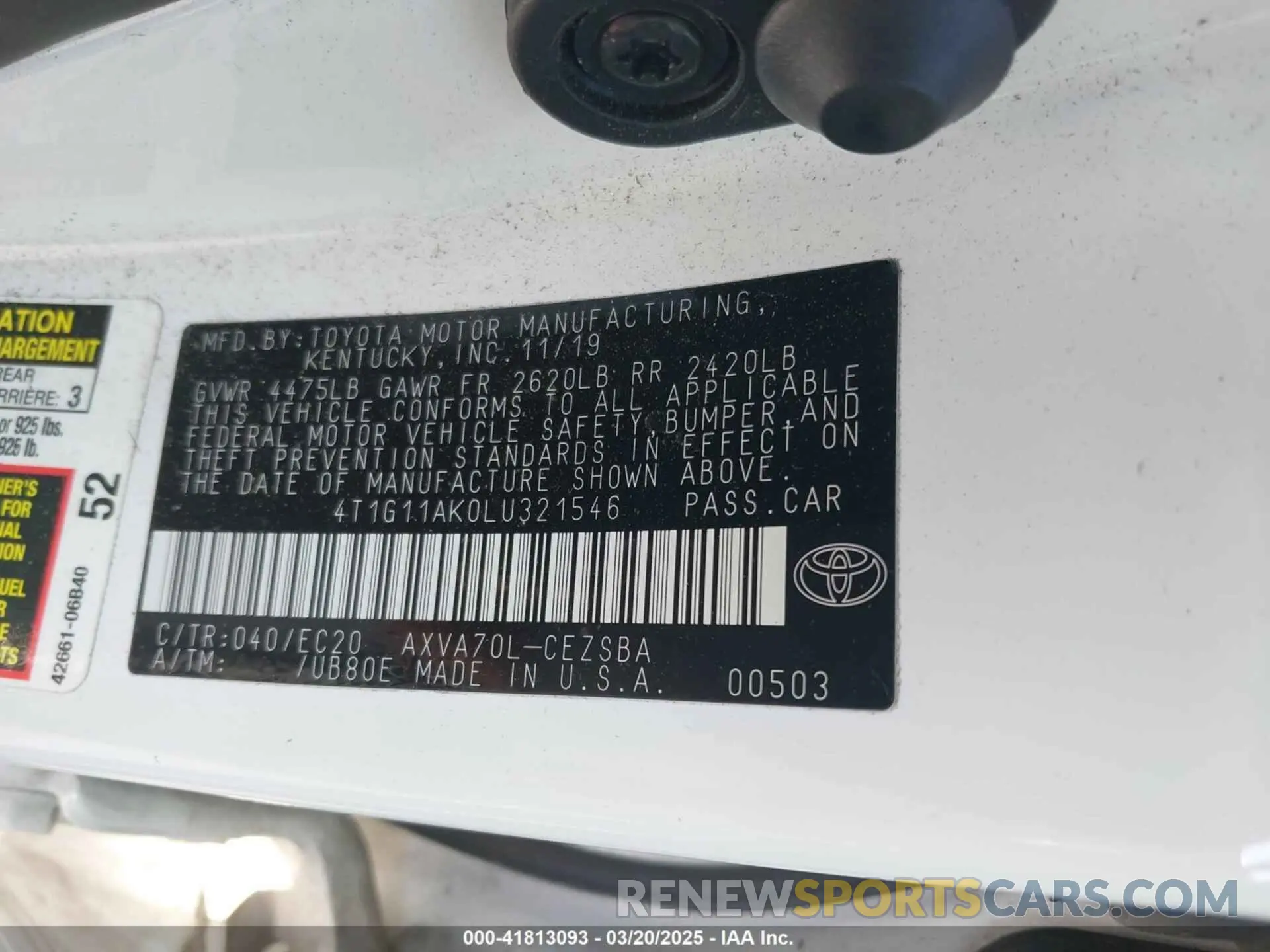 9 Фотография поврежденного автомобиля 4T1G11AK0LU321546 TOYOTA CAMRY 2020