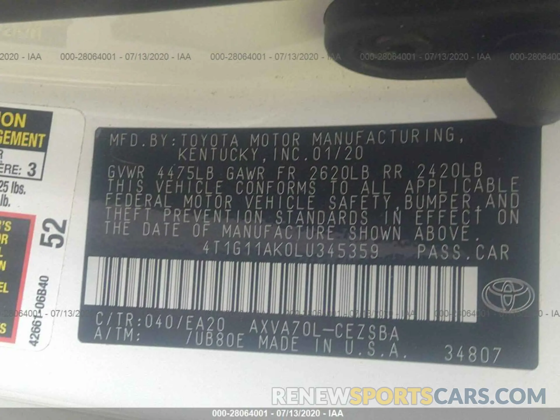 9 Photograph of a damaged car 4T1G11AK0LU345359 TOYOTA CAMRY 2020