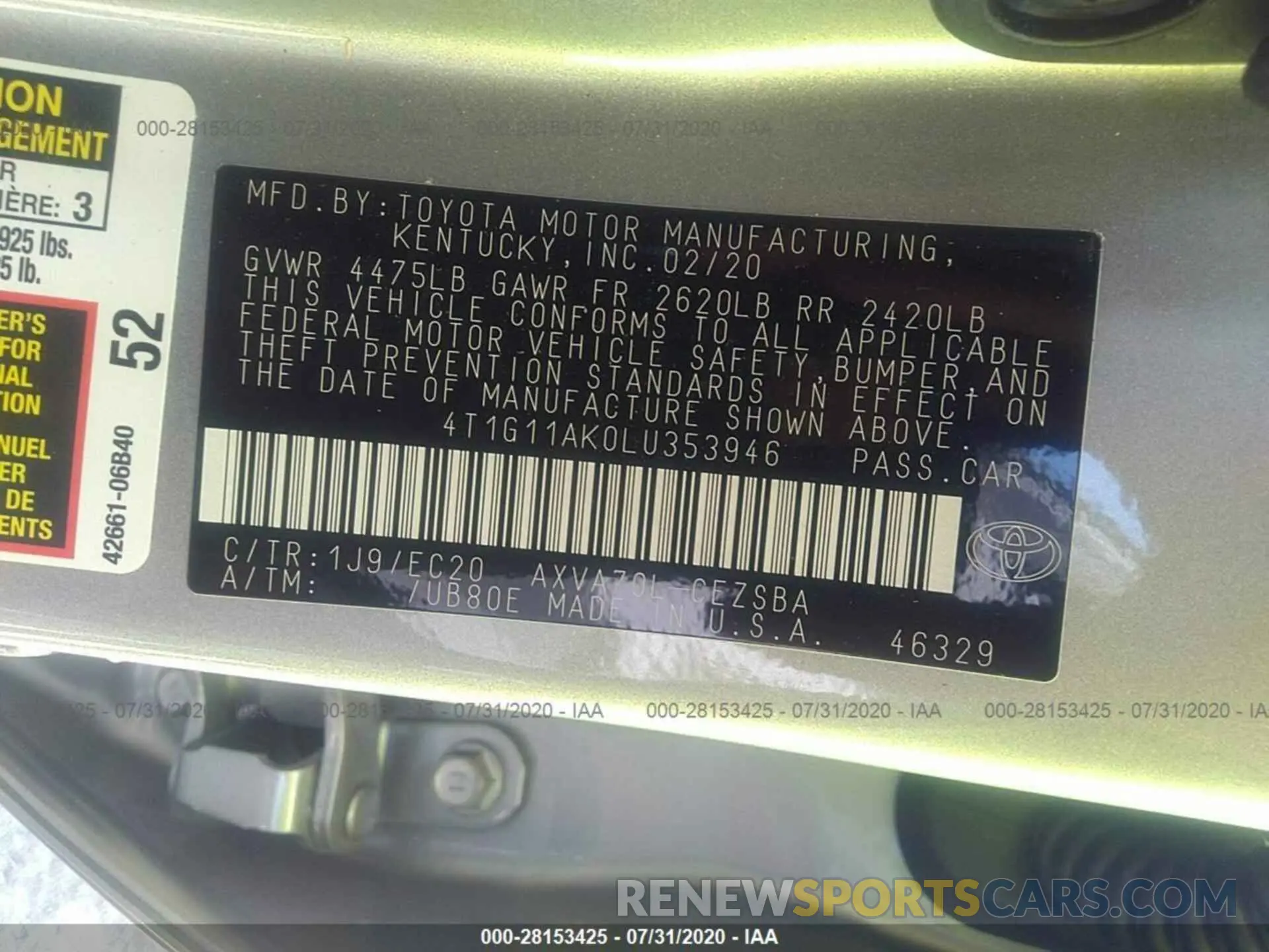 9 Photograph of a damaged car 4T1G11AK0LU353946 TOYOTA CAMRY 2020