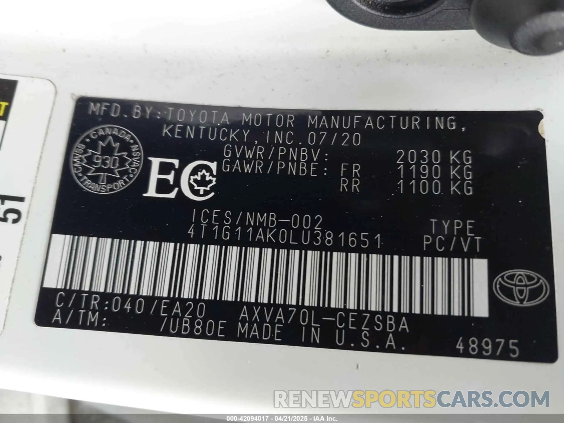 9 Photograph of a damaged car 4T1G11AK0LU381651 TOYOTA CAMRY 2020