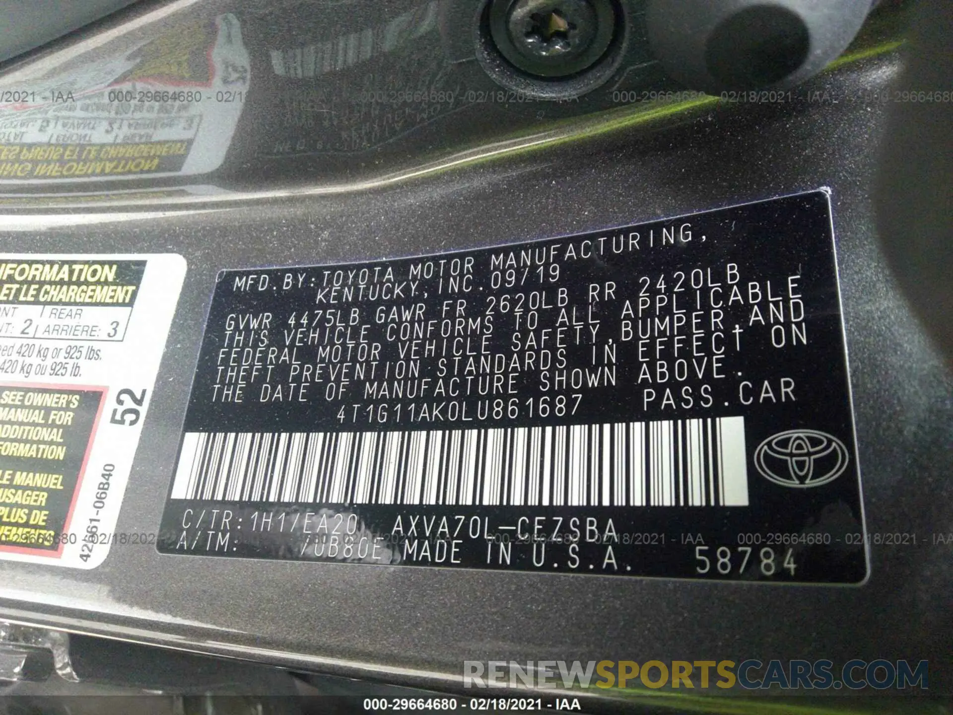 9 Photograph of a damaged car 4T1G11AK0LU861687 TOYOTA CAMRY 2020