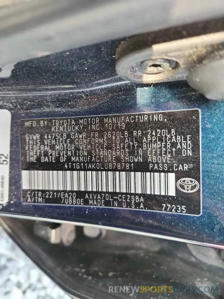 12 Photograph of a damaged car 4T1G11AK0LU878781 TOYOTA CAMRY 2020