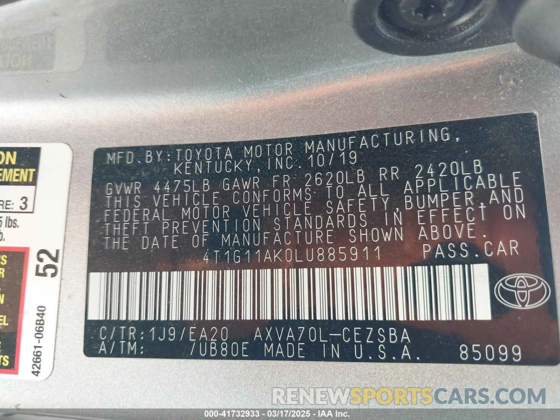 9 Photograph of a damaged car 4T1G11AK0LU885911 TOYOTA CAMRY 2020