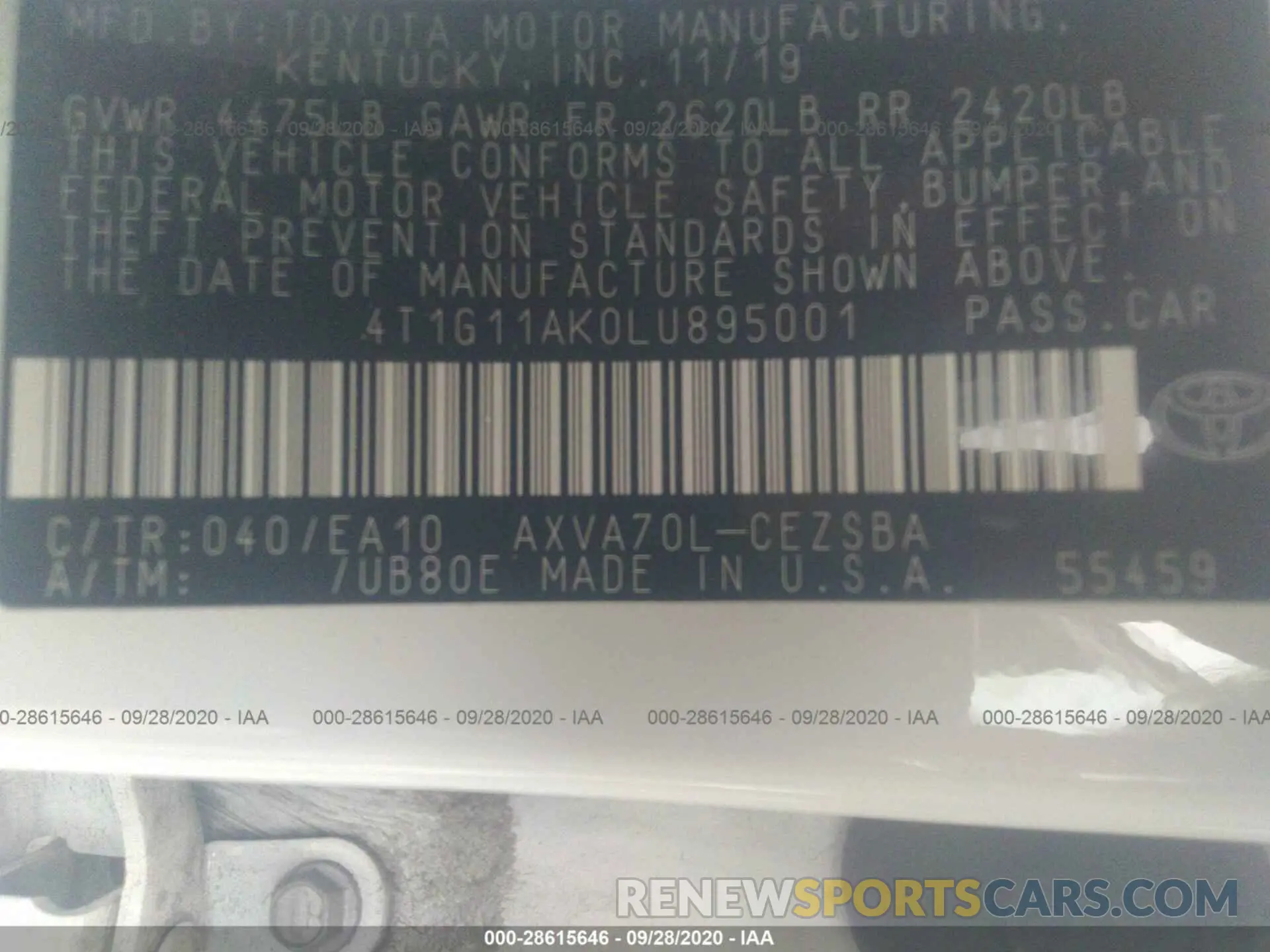 9 Photograph of a damaged car 4T1G11AK0LU895001 TOYOTA CAMRY 2020
