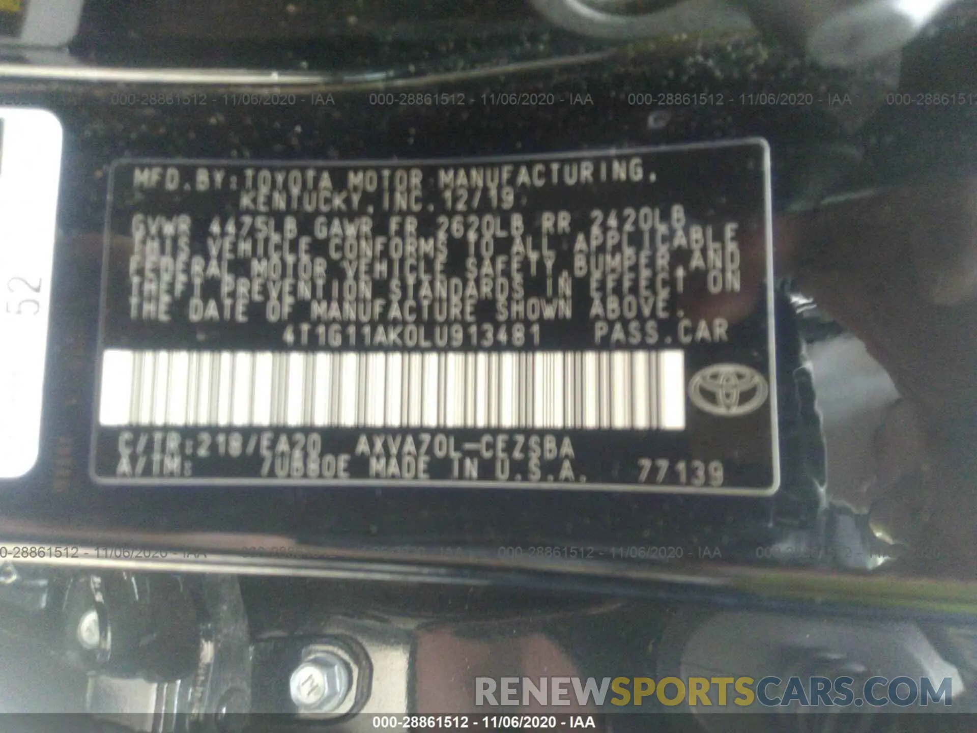 9 Photograph of a damaged car 4T1G11AK0LU913481 TOYOTA CAMRY 2020