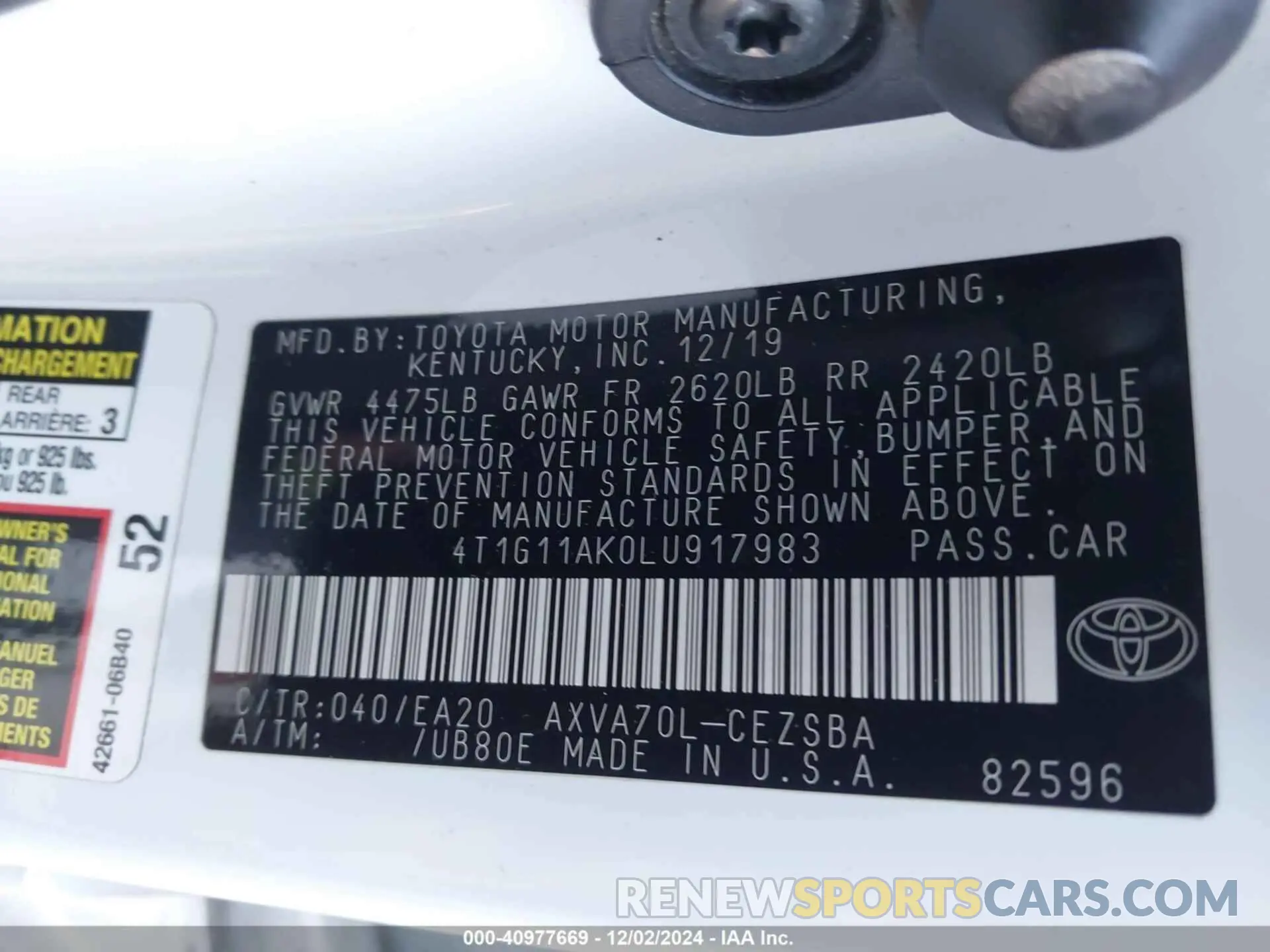 9 Photograph of a damaged car 4T1G11AK0LU917983 TOYOTA CAMRY 2020