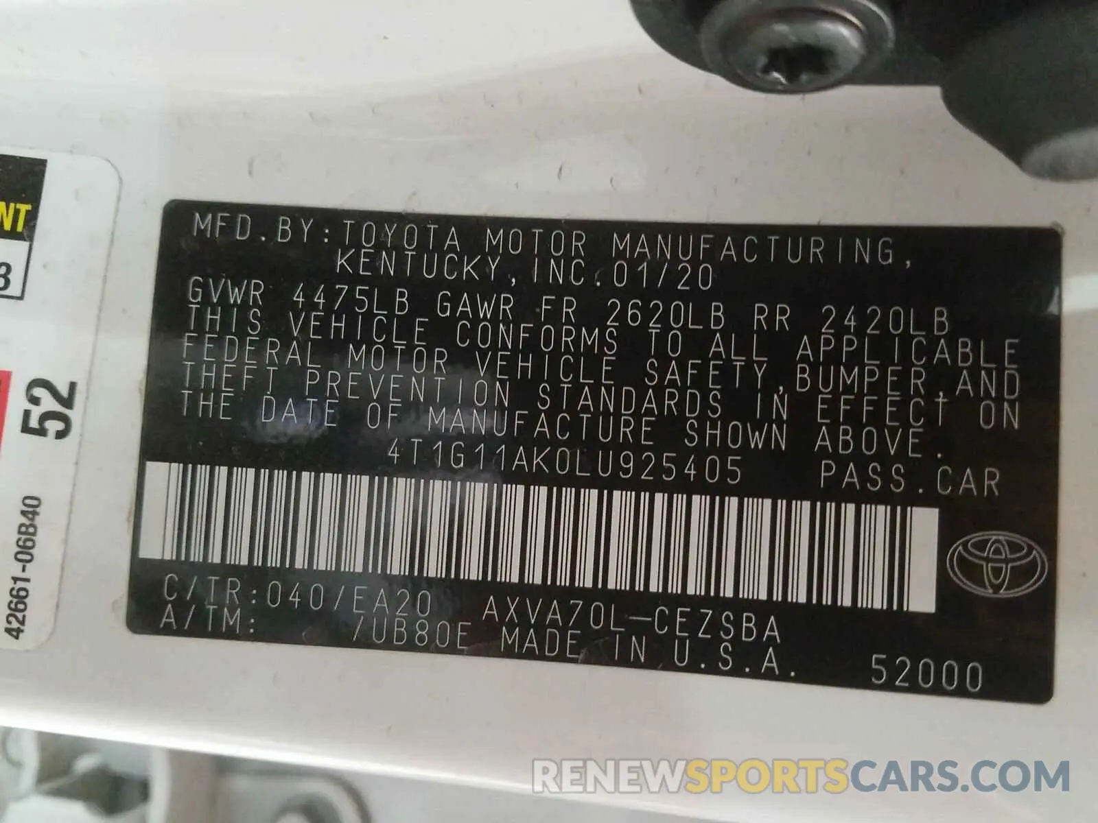 10 Photograph of a damaged car 4T1G11AK0LU925405 TOYOTA CAMRY 2020