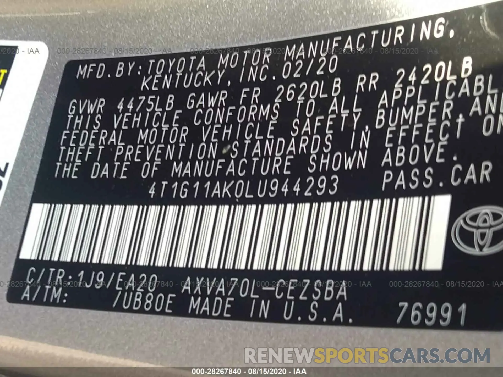 9 Фотография поврежденного автомобиля 4T1G11AK0LU944293 TOYOTA CAMRY 2020