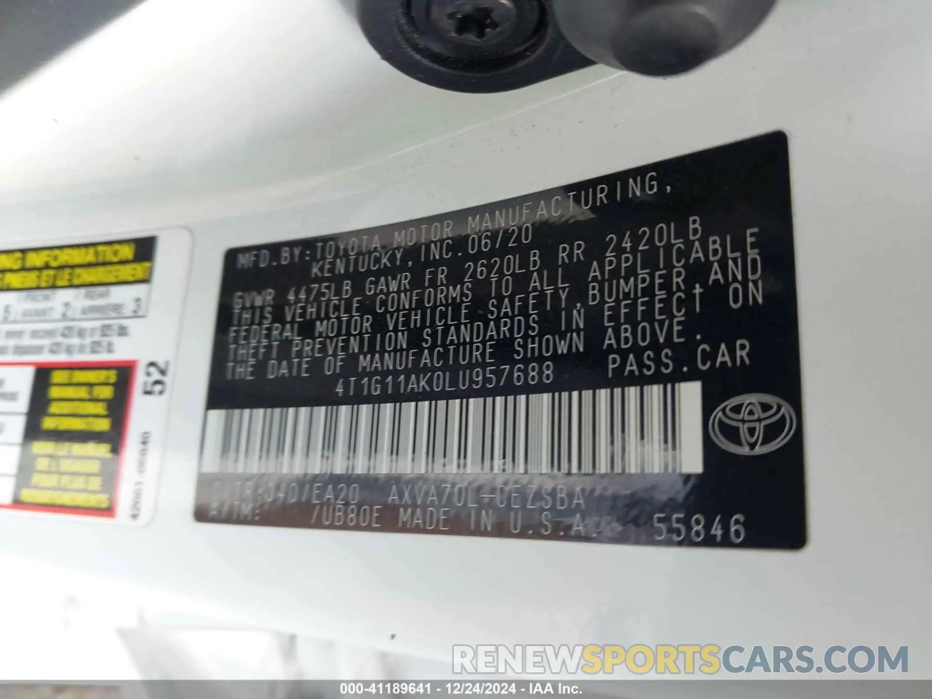 9 Фотография поврежденного автомобиля 4T1G11AK0LU957688 TOYOTA CAMRY 2020