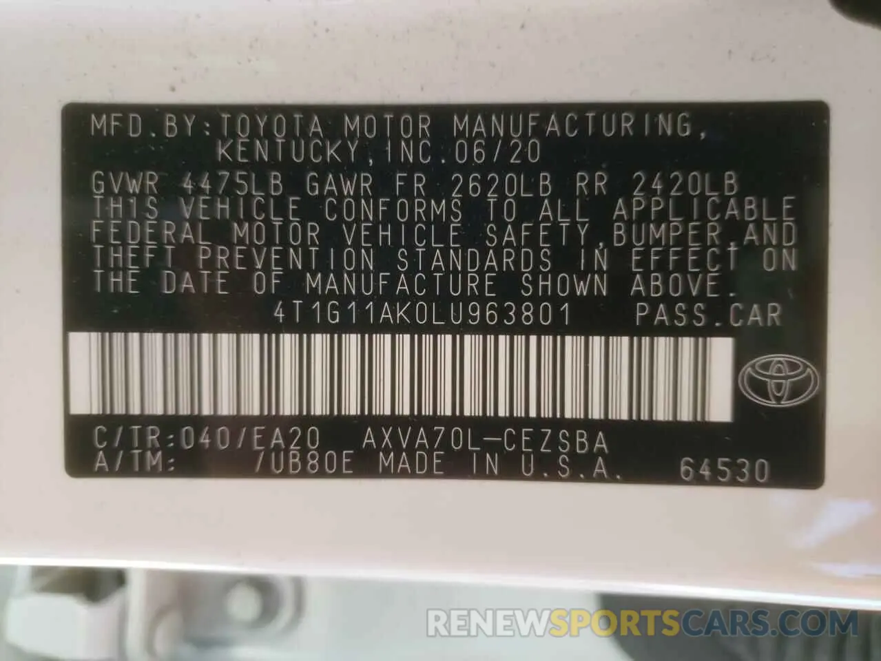 10 Photograph of a damaged car 4T1G11AK0LU963801 TOYOTA CAMRY 2020