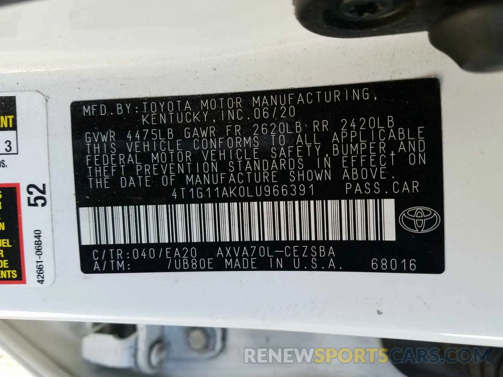10 Photograph of a damaged car 4T1G11AK0LU966391 TOYOTA CAMRY 2020