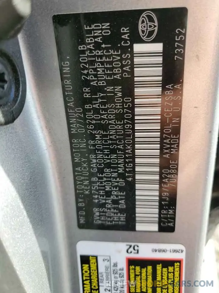 12 Фотография поврежденного автомобиля 4T1G11AK0LU970750 TOYOTA CAMRY 2020