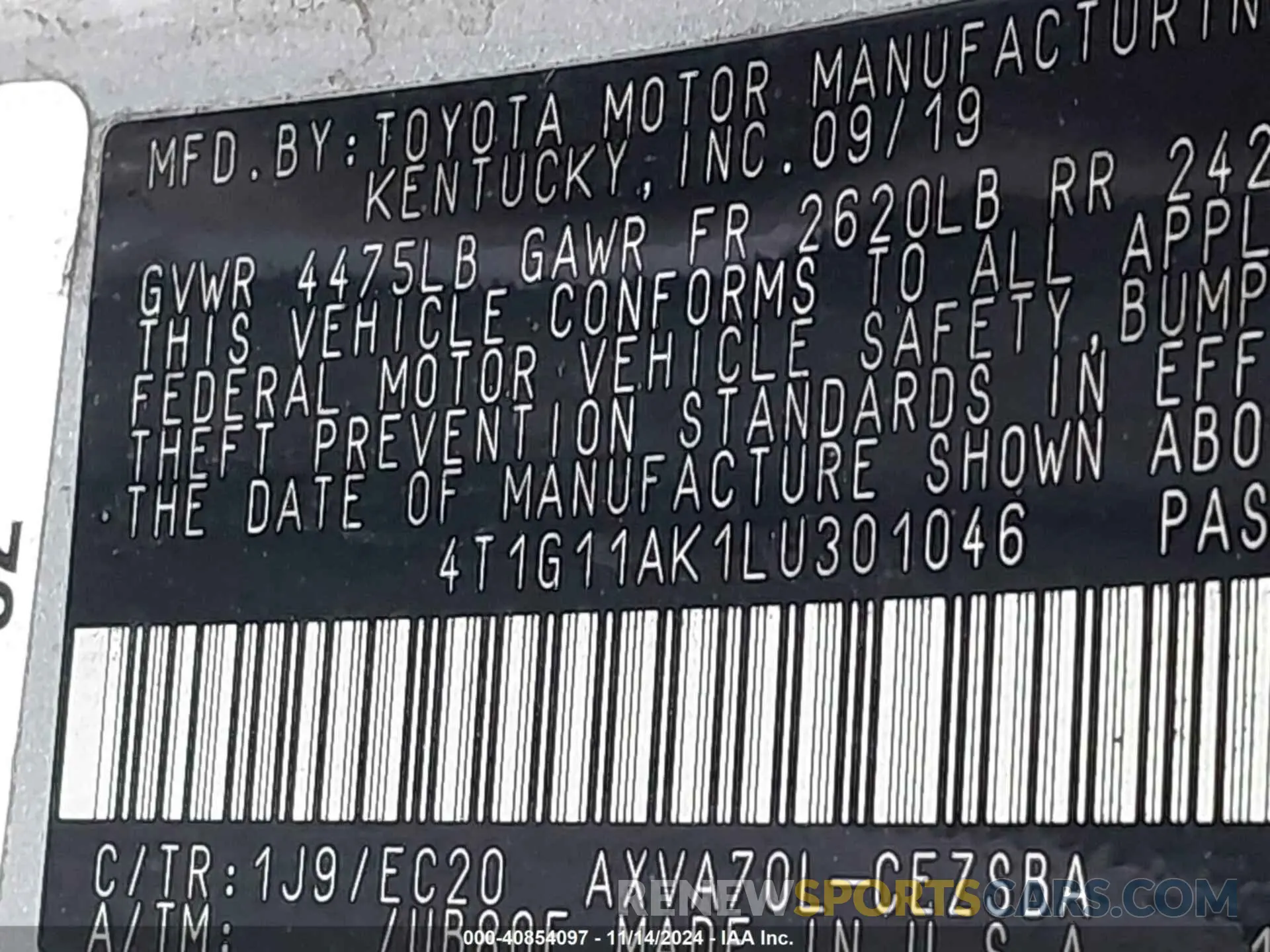 9 Photograph of a damaged car 4T1G11AK1LU301046 TOYOTA CAMRY 2020