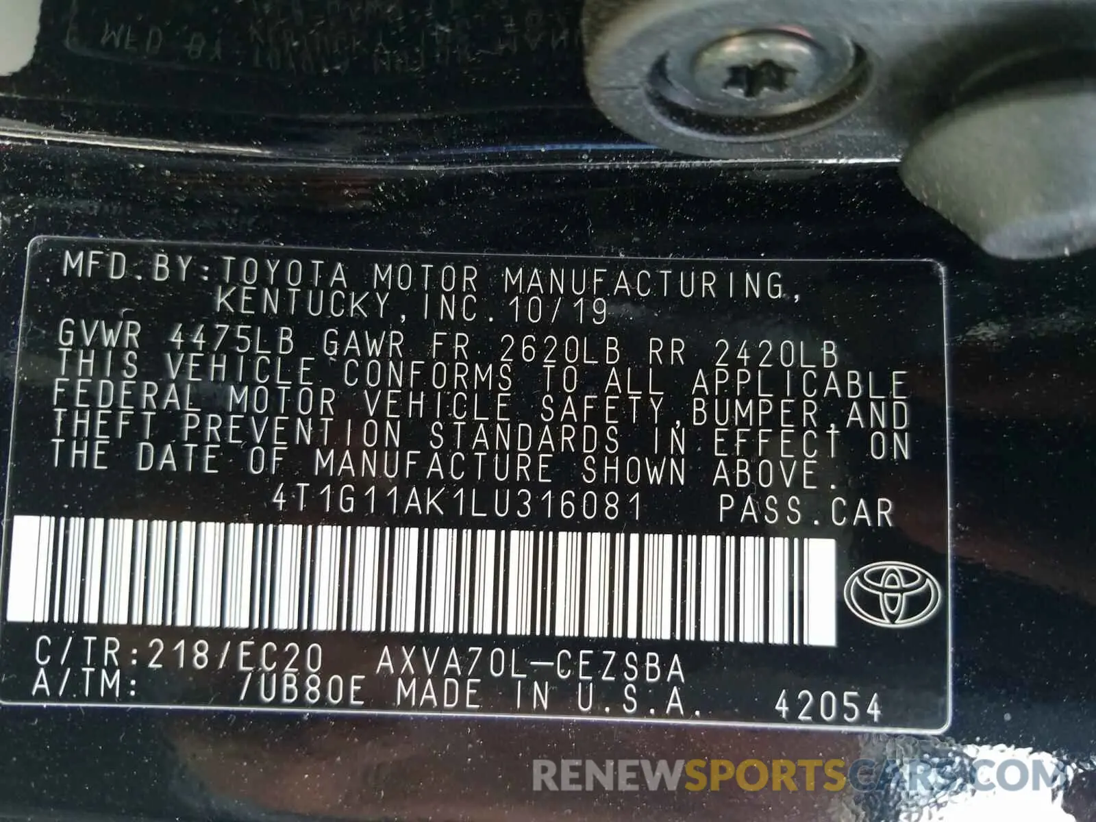 10 Photograph of a damaged car 4T1G11AK1LU316081 TOYOTA CAMRY 2020