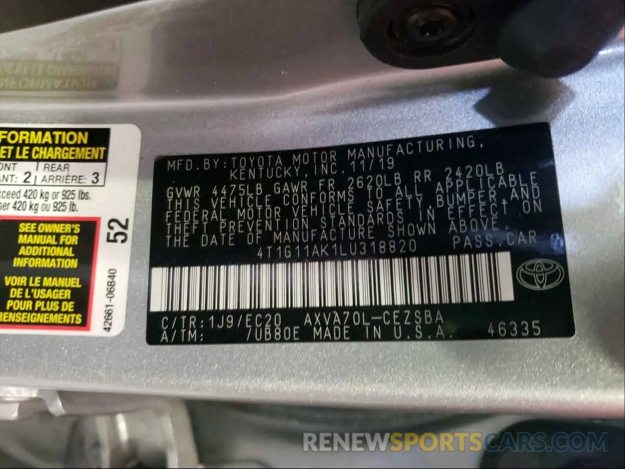 10 Photograph of a damaged car 4T1G11AK1LU318820 TOYOTA CAMRY 2020