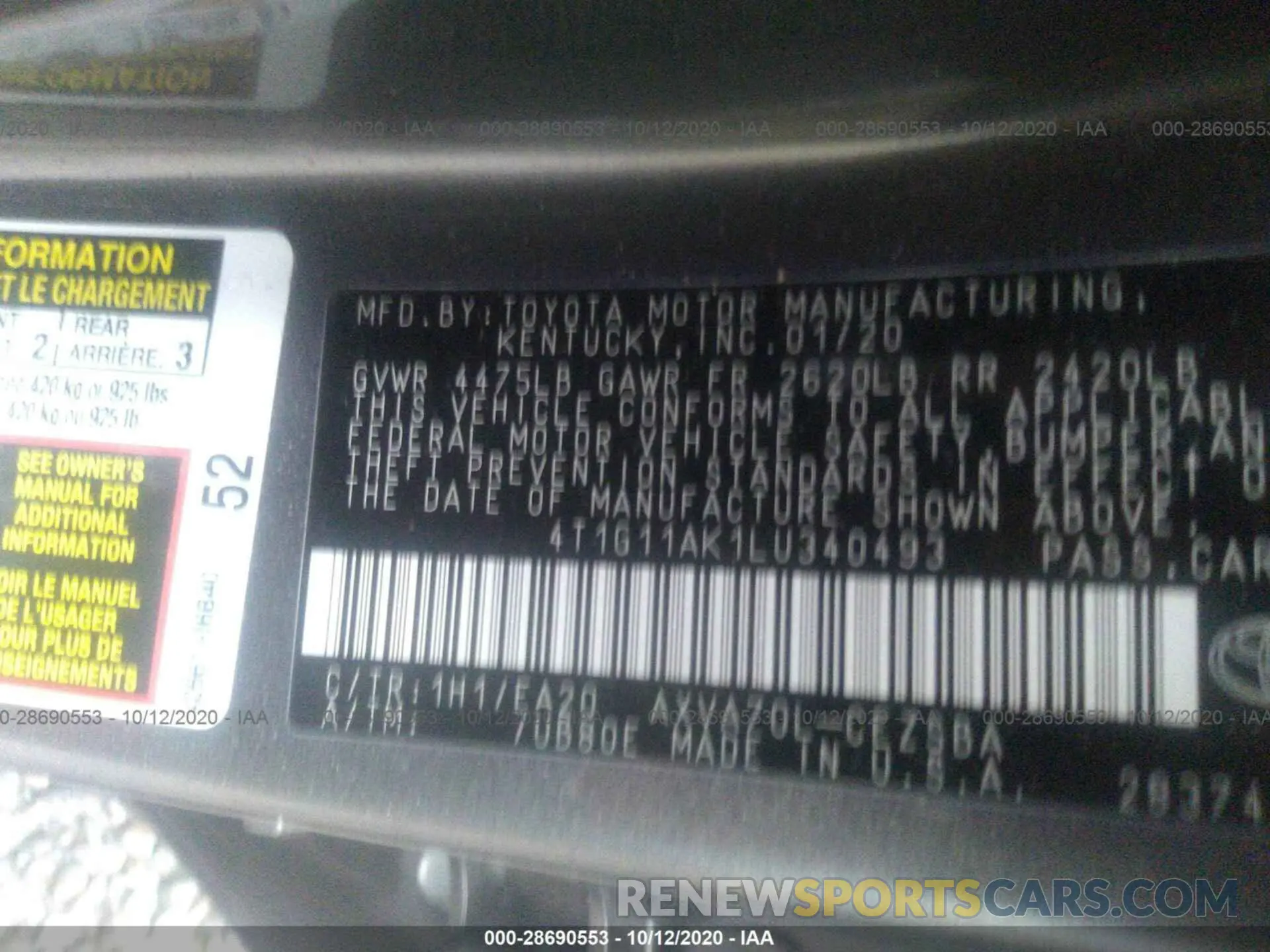 9 Photograph of a damaged car 4T1G11AK1LU340493 TOYOTA CAMRY 2020