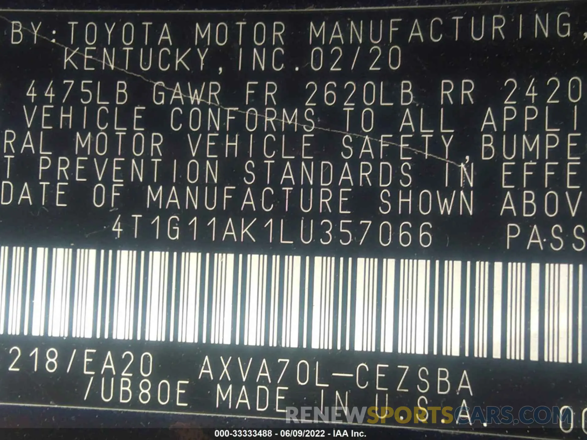9 Photograph of a damaged car 4T1G11AK1LU357066 TOYOTA CAMRY 2020
