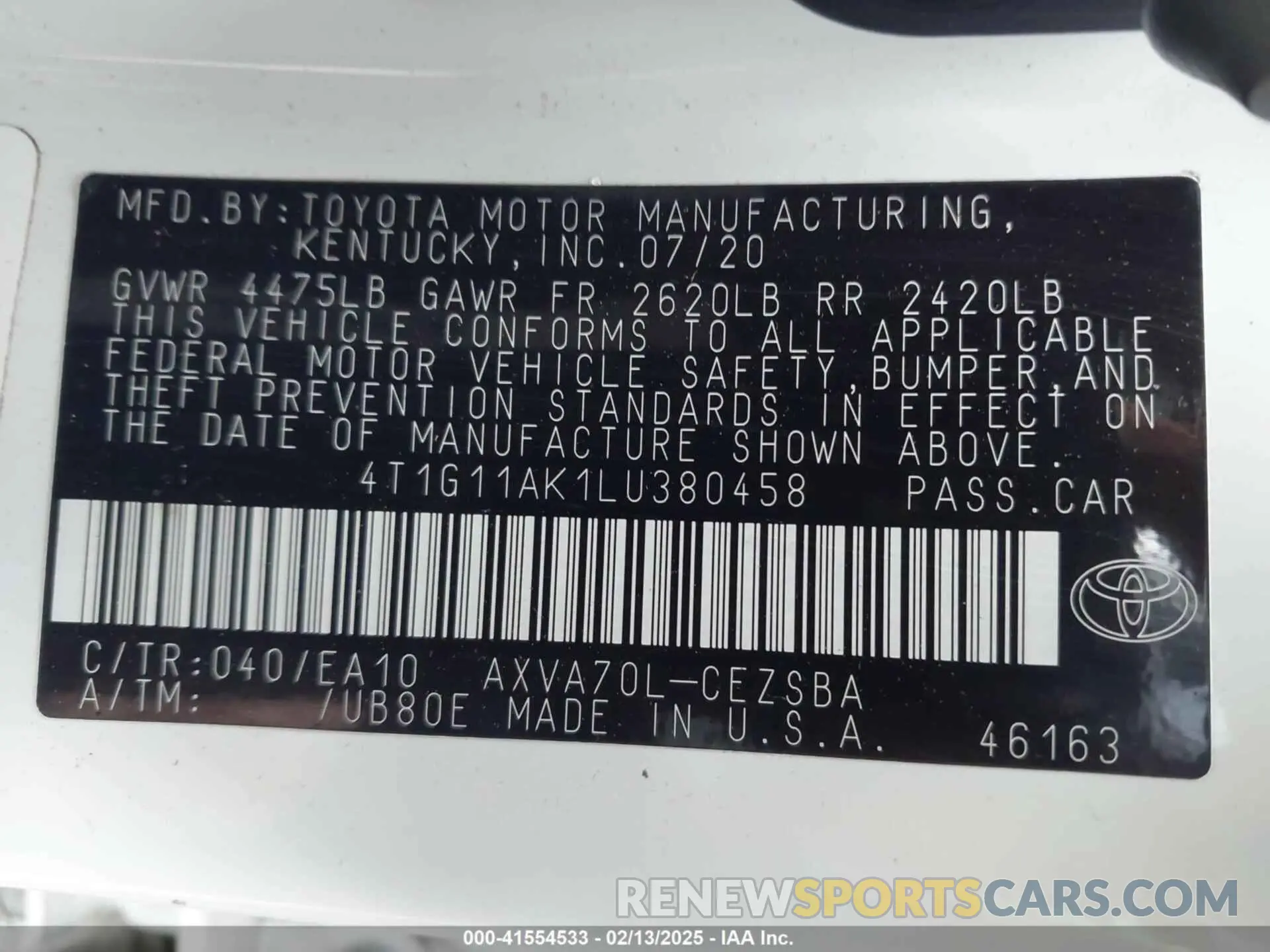 9 Фотография поврежденного автомобиля 4T1G11AK1LU380458 TOYOTA CAMRY 2020