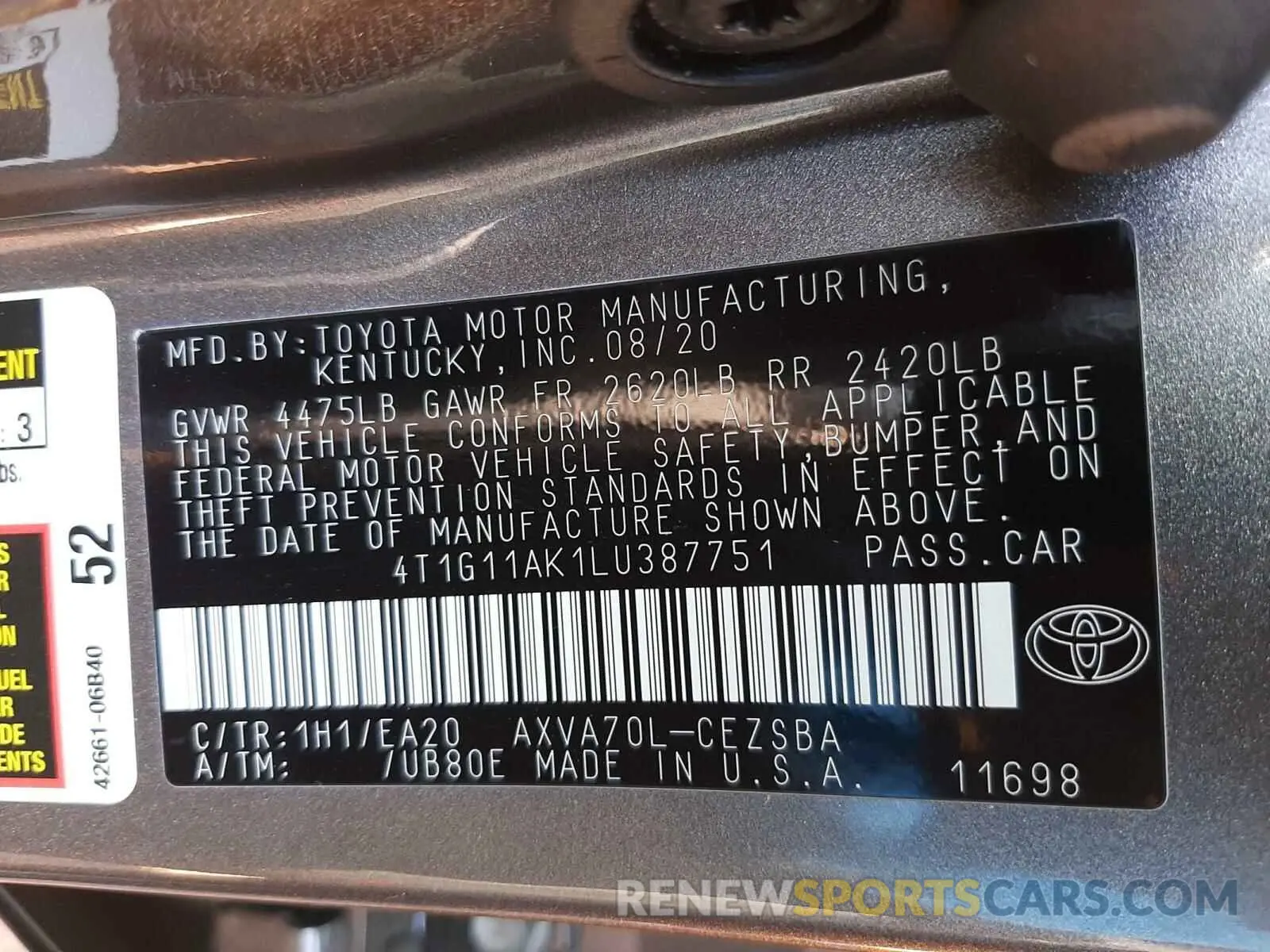 10 Photograph of a damaged car 4T1G11AK1LU387751 TOYOTA CAMRY 2020
