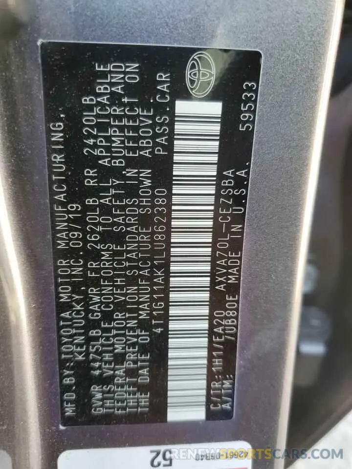 14 Фотография поврежденного автомобиля 4T1G11AK1LU862380 TOYOTA CAMRY 2020