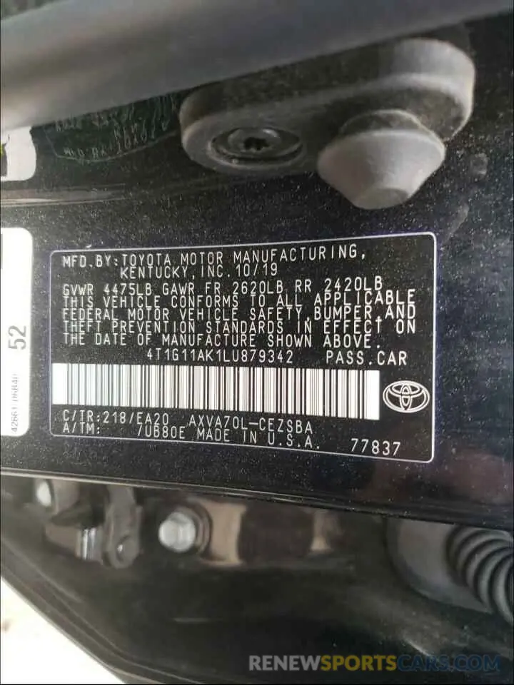 10 Photograph of a damaged car 4T1G11AK1LU879342 TOYOTA CAMRY 2020