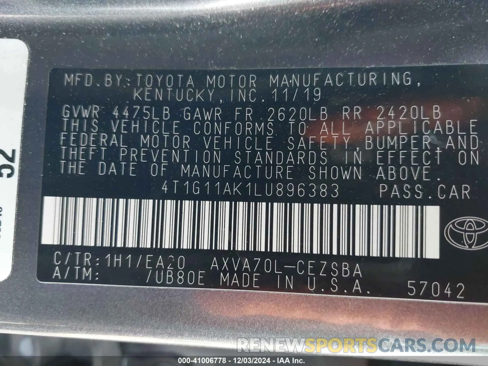 9 Photograph of a damaged car 4T1G11AK1LU896383 TOYOTA CAMRY 2020