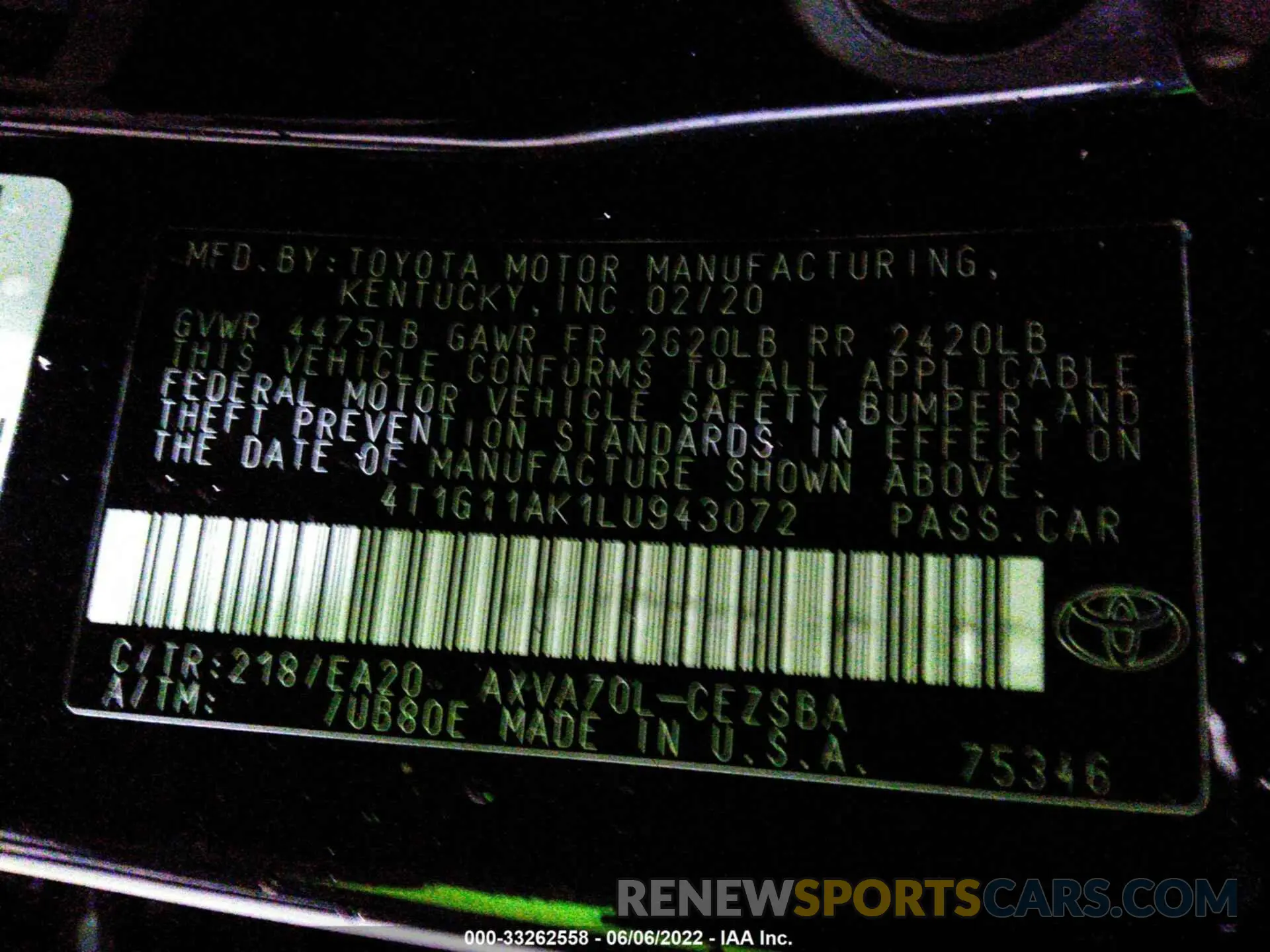 9 Фотография поврежденного автомобиля 4T1G11AK1LU943072 TOYOTA CAMRY 2020