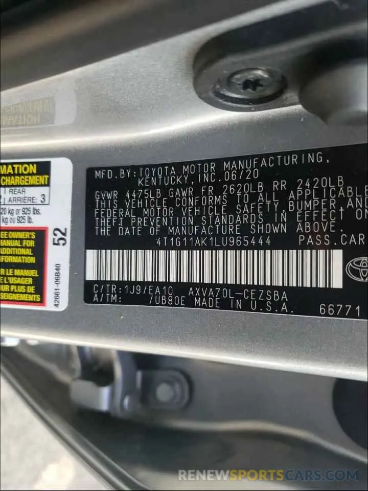 10 Photograph of a damaged car 4T1G11AK1LU965444 TOYOTA CAMRY 2020
