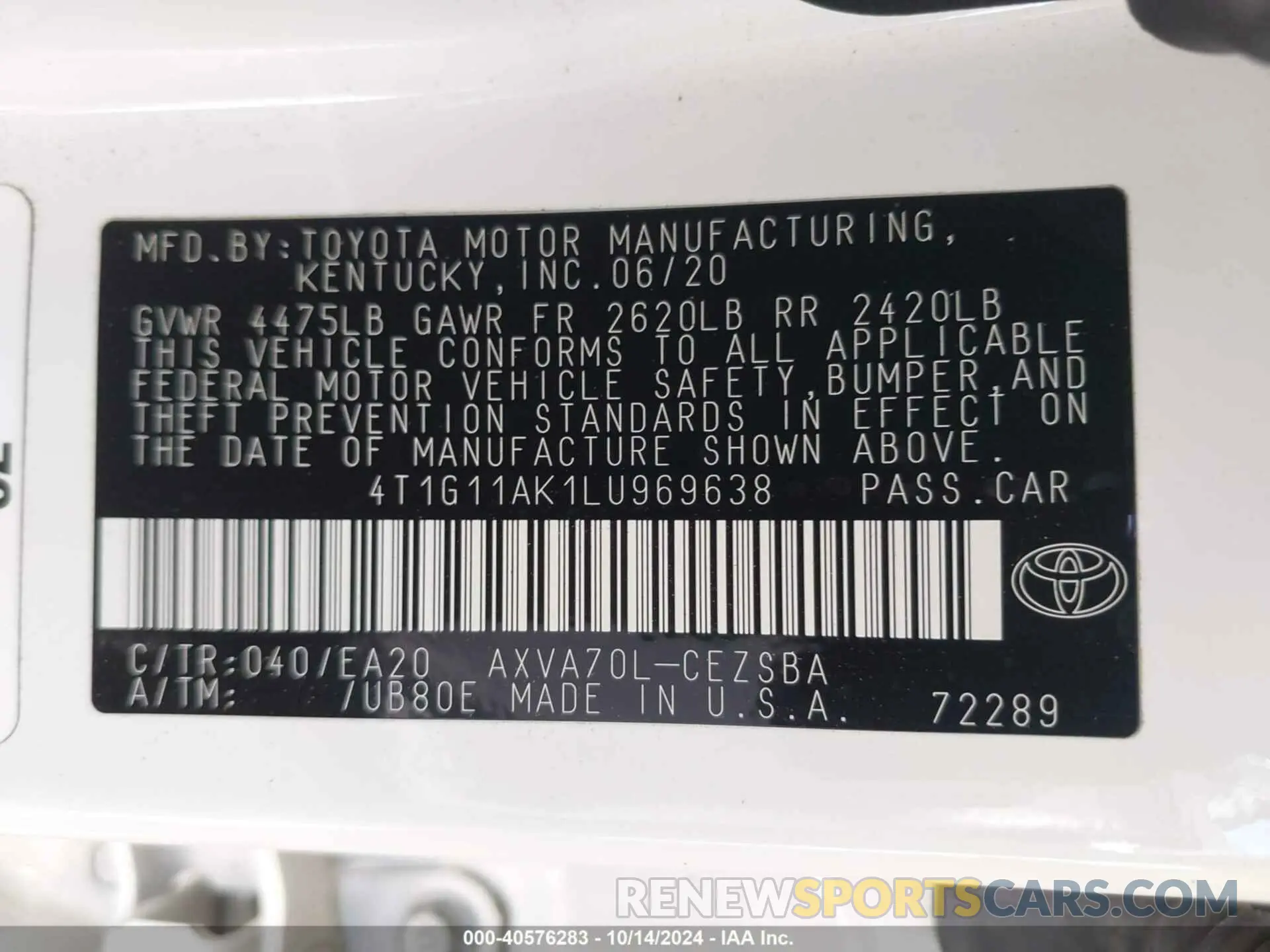 9 Photograph of a damaged car 4T1G11AK1LU969638 TOYOTA CAMRY 2020