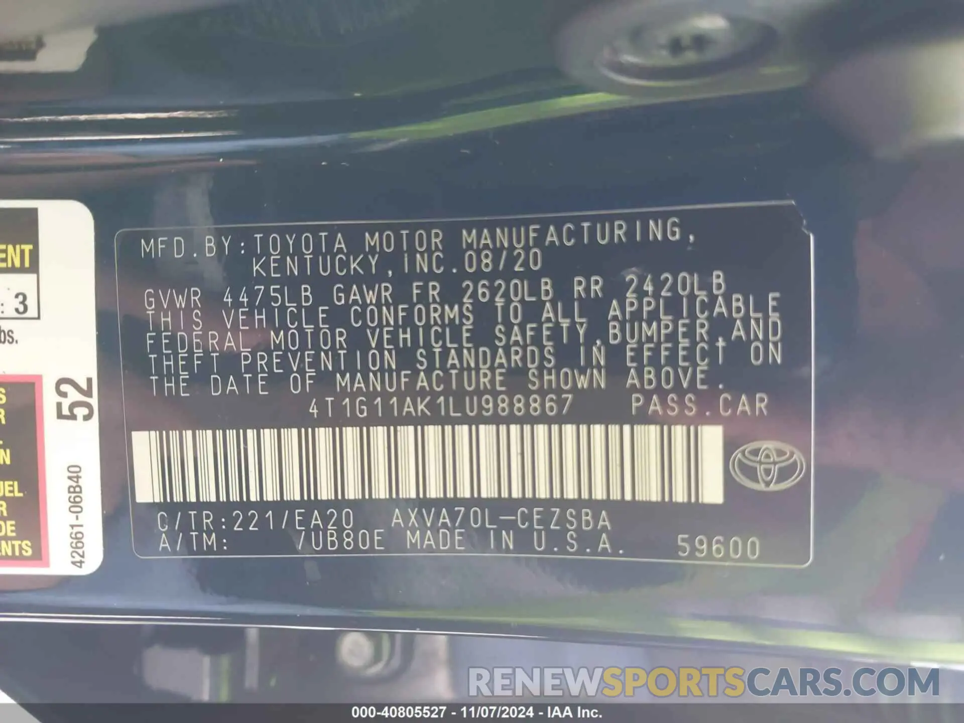 9 Фотография поврежденного автомобиля 4T1G11AK1LU988867 TOYOTA CAMRY 2020