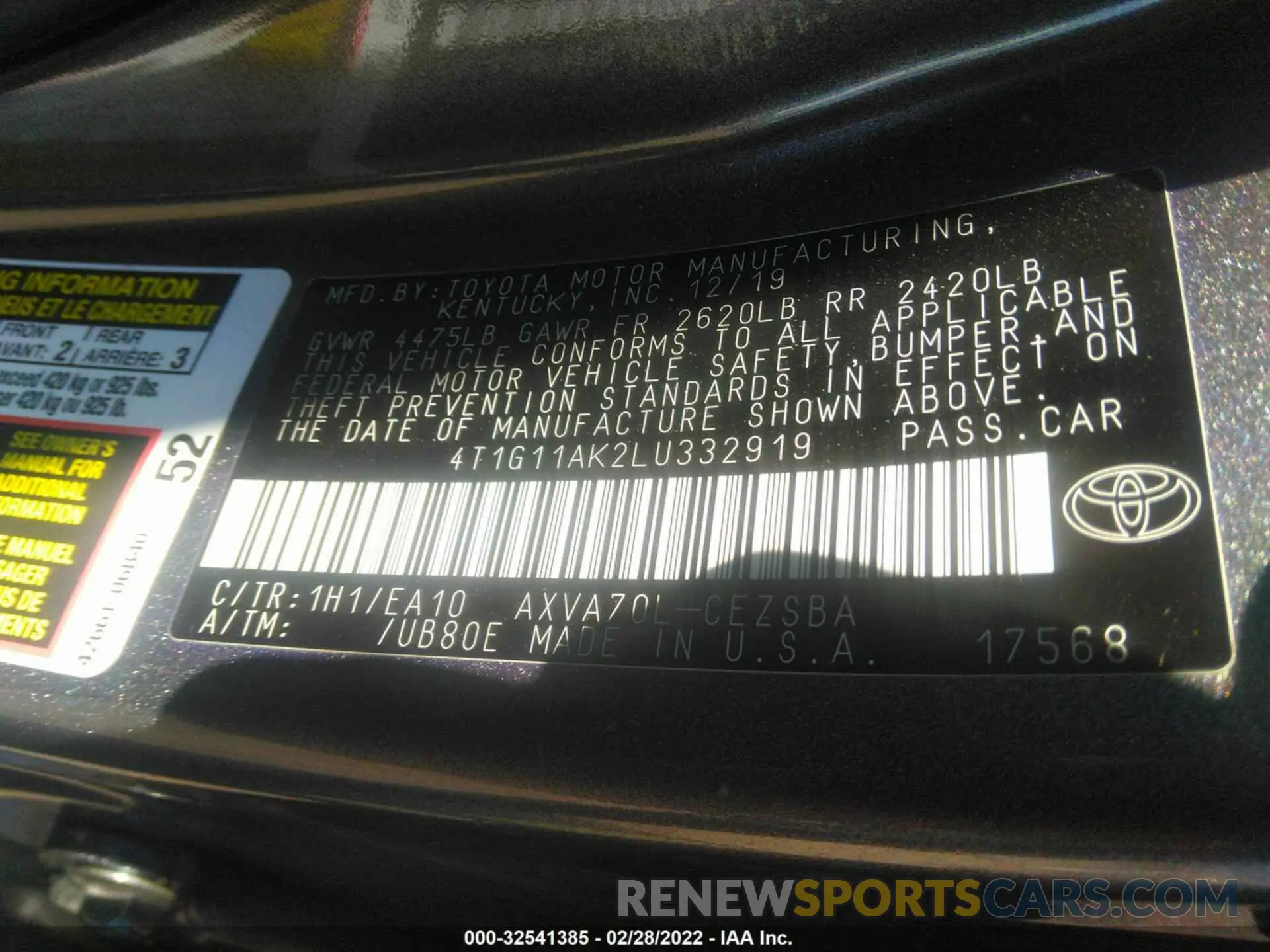 9 Photograph of a damaged car 4T1G11AK2LU332919 TOYOTA CAMRY 2020