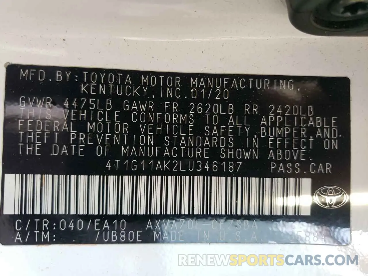 12 Фотография поврежденного автомобиля 4T1G11AK2LU346187 TOYOTA CAMRY 2020