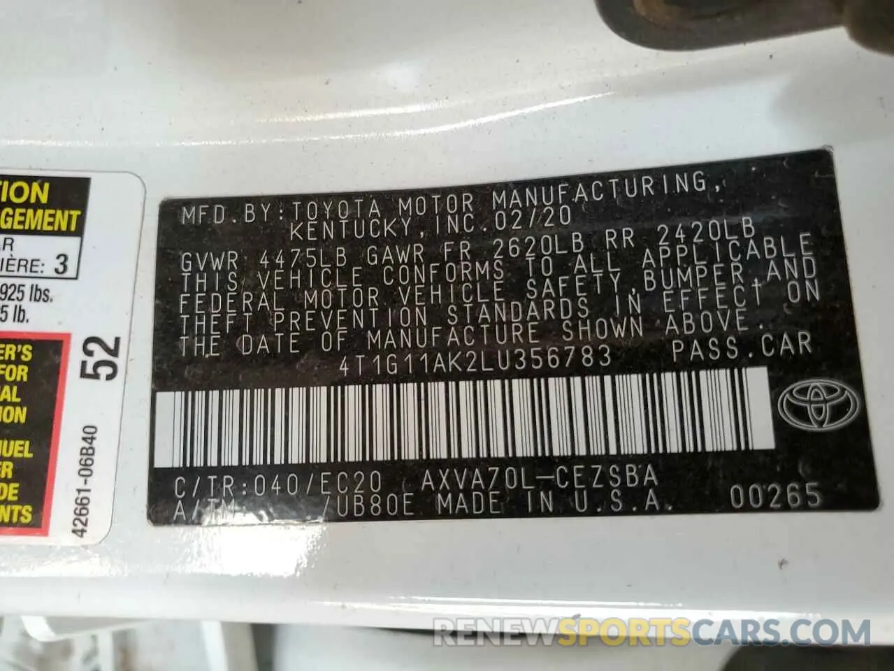 12 Photograph of a damaged car 4T1G11AK2LU356783 TOYOTA CAMRY 2020