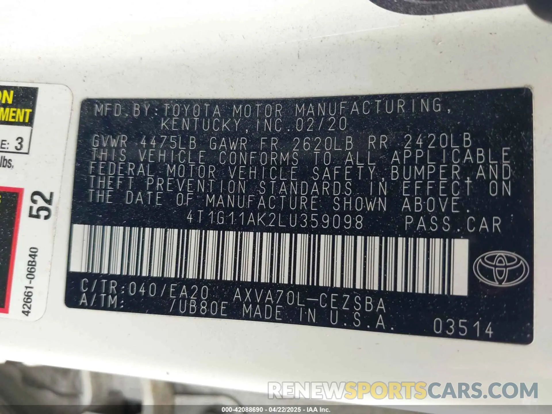 9 Фотография поврежденного автомобиля 4T1G11AK2LU359098 TOYOTA CAMRY 2020