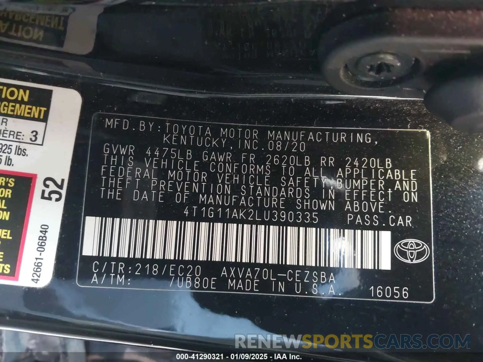 9 Фотография поврежденного автомобиля 4T1G11AK2LU390335 TOYOTA CAMRY 2020