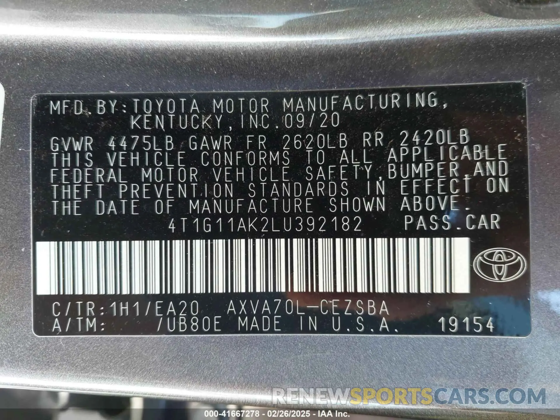 9 Photograph of a damaged car 4T1G11AK2LU392182 TOYOTA CAMRY 2020