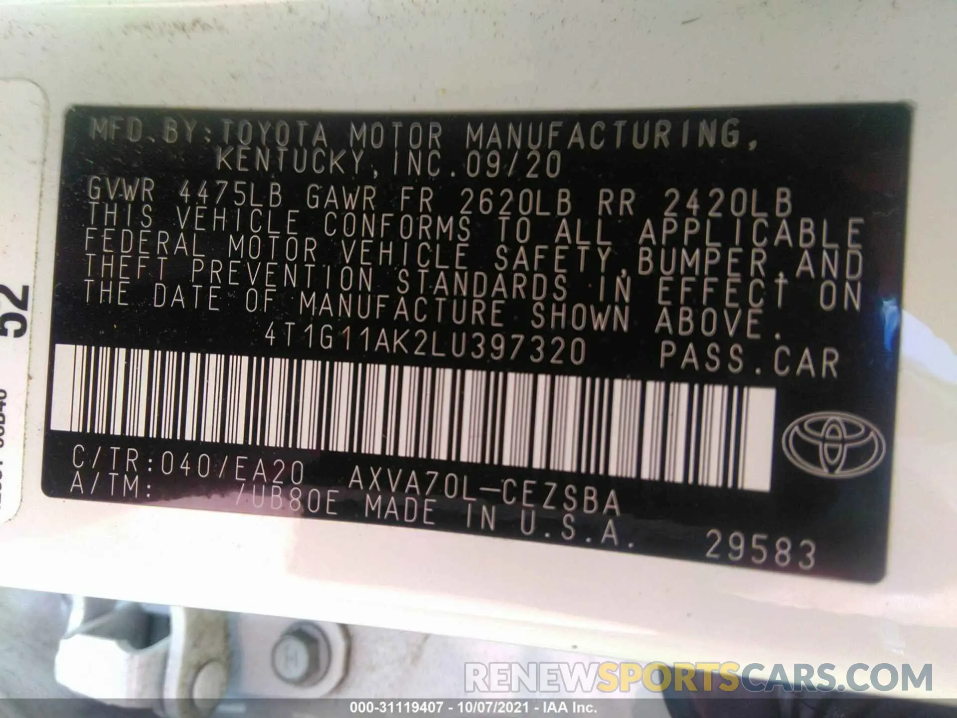 9 Photograph of a damaged car 4T1G11AK2LU397320 TOYOTA CAMRY 2020