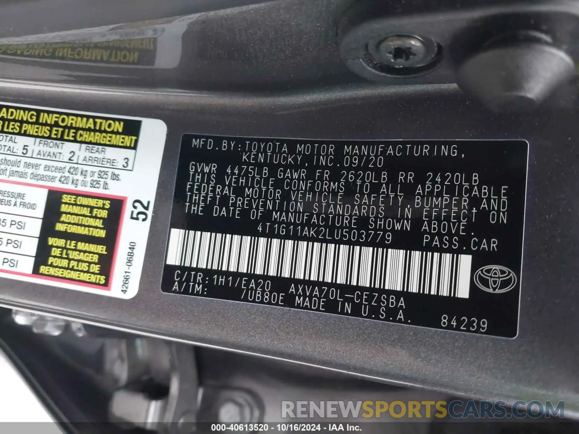 9 Фотография поврежденного автомобиля 4T1G11AK2LU503779 TOYOTA CAMRY 2020