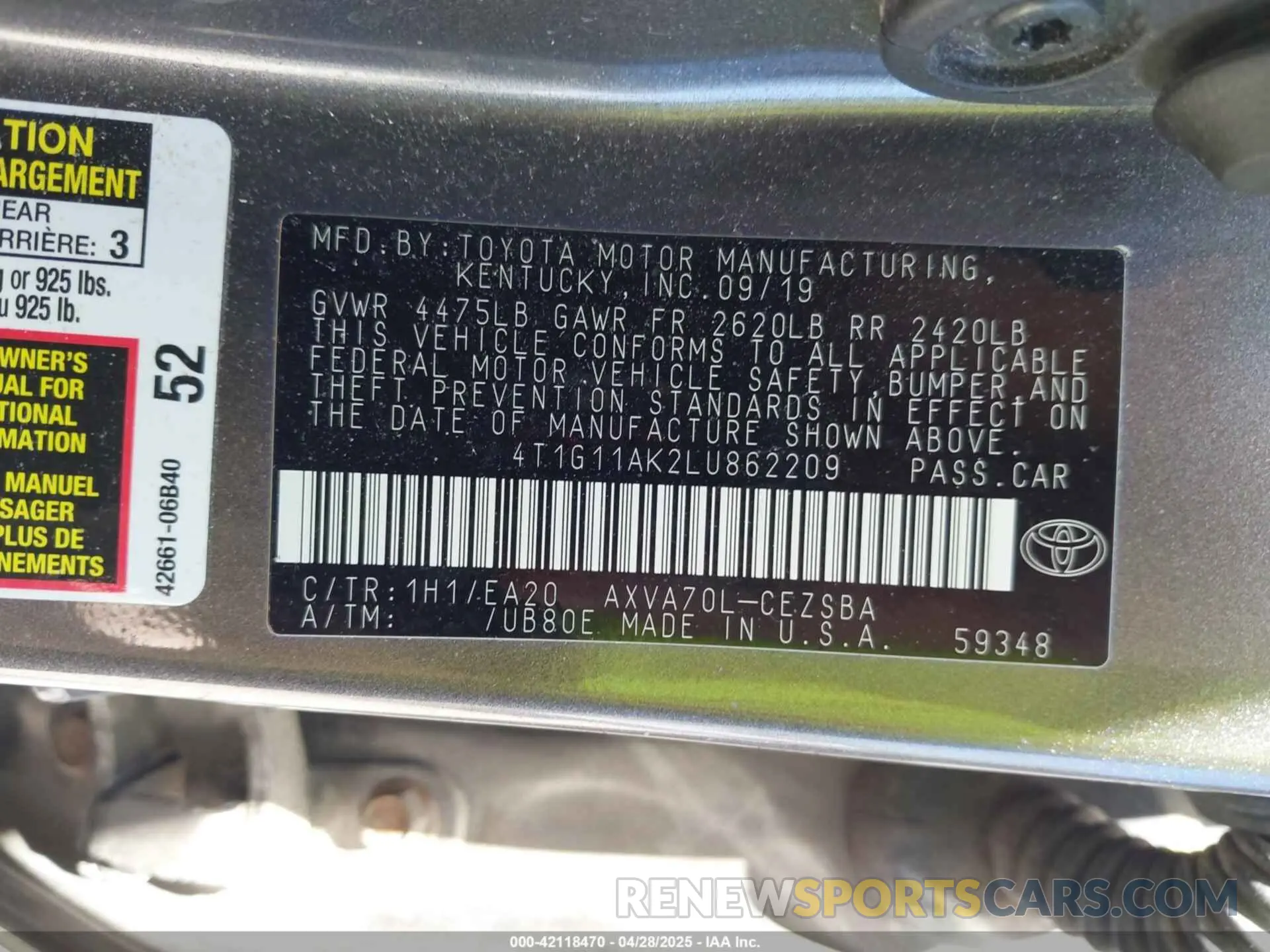 9 Photograph of a damaged car 4T1G11AK2LU862209 TOYOTA CAMRY 2020
