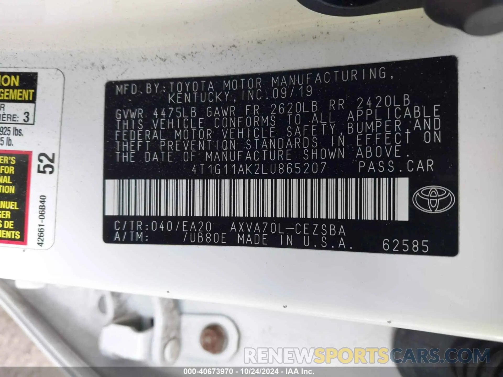 9 Photograph of a damaged car 4T1G11AK2LU865207 TOYOTA CAMRY 2020