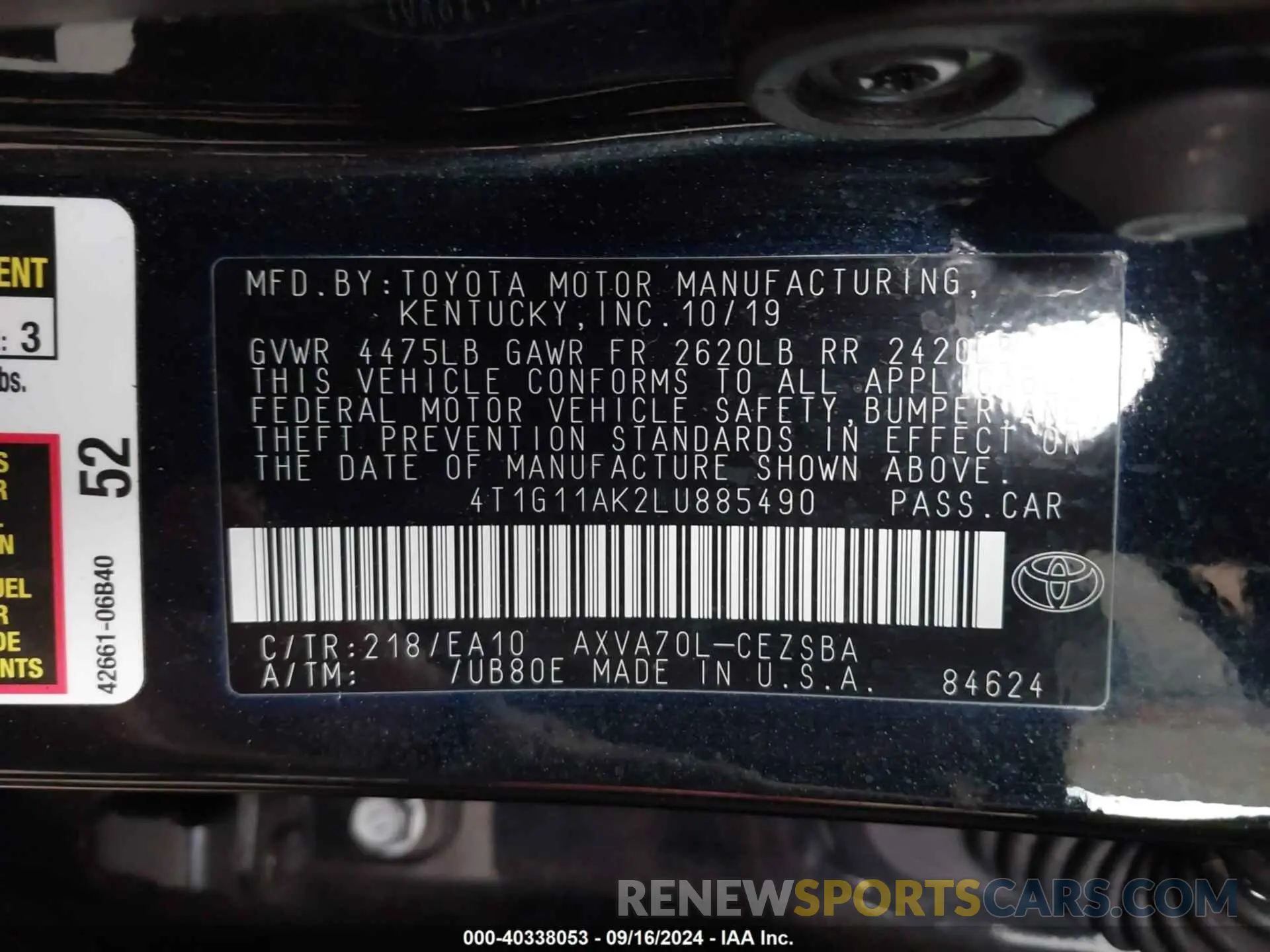 9 Фотография поврежденного автомобиля 4T1G11AK2LU885490 TOYOTA CAMRY 2020