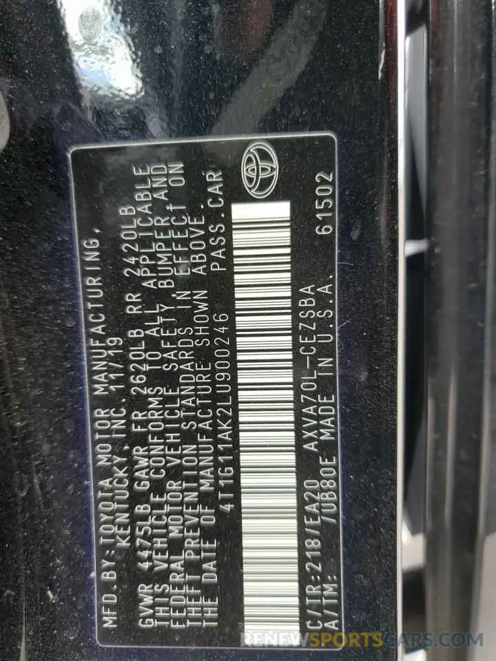 12 Photograph of a damaged car 4T1G11AK2LU900246 TOYOTA CAMRY 2020