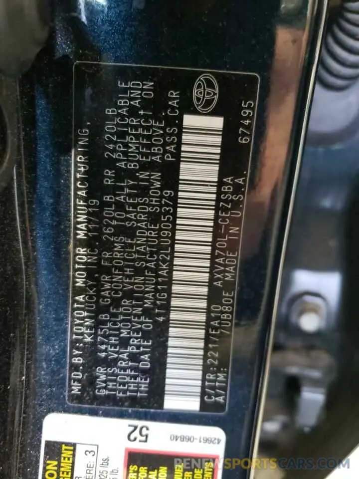 10 Photograph of a damaged car 4T1G11AK2LU905379 TOYOTA CAMRY 2020
