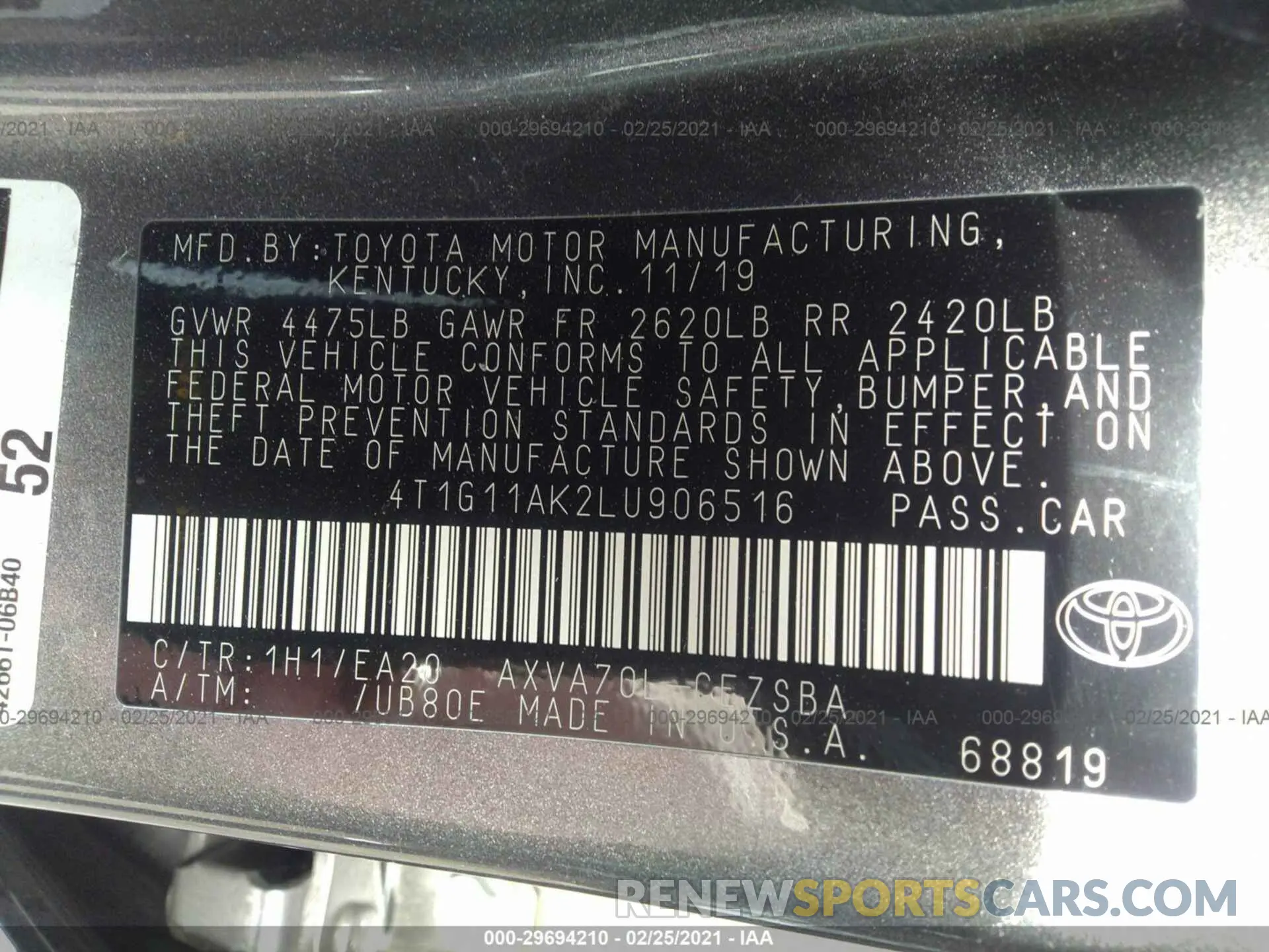 9 Photograph of a damaged car 4T1G11AK2LU906516 TOYOTA CAMRY 2020