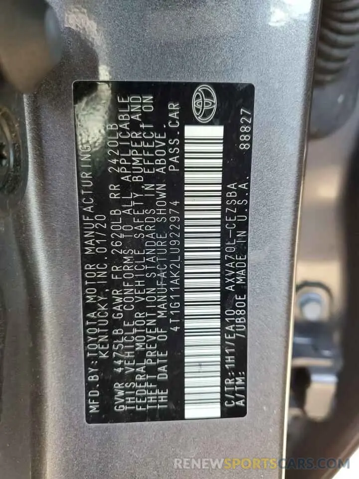 14 Фотография поврежденного автомобиля 4T1G11AK2LU922974 TOYOTA CAMRY 2020