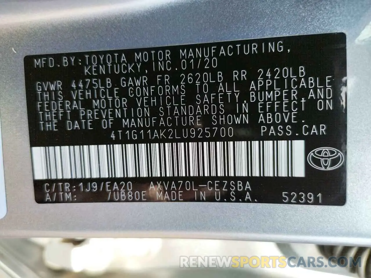 10 Photograph of a damaged car 4T1G11AK2LU925700 TOYOTA CAMRY 2020