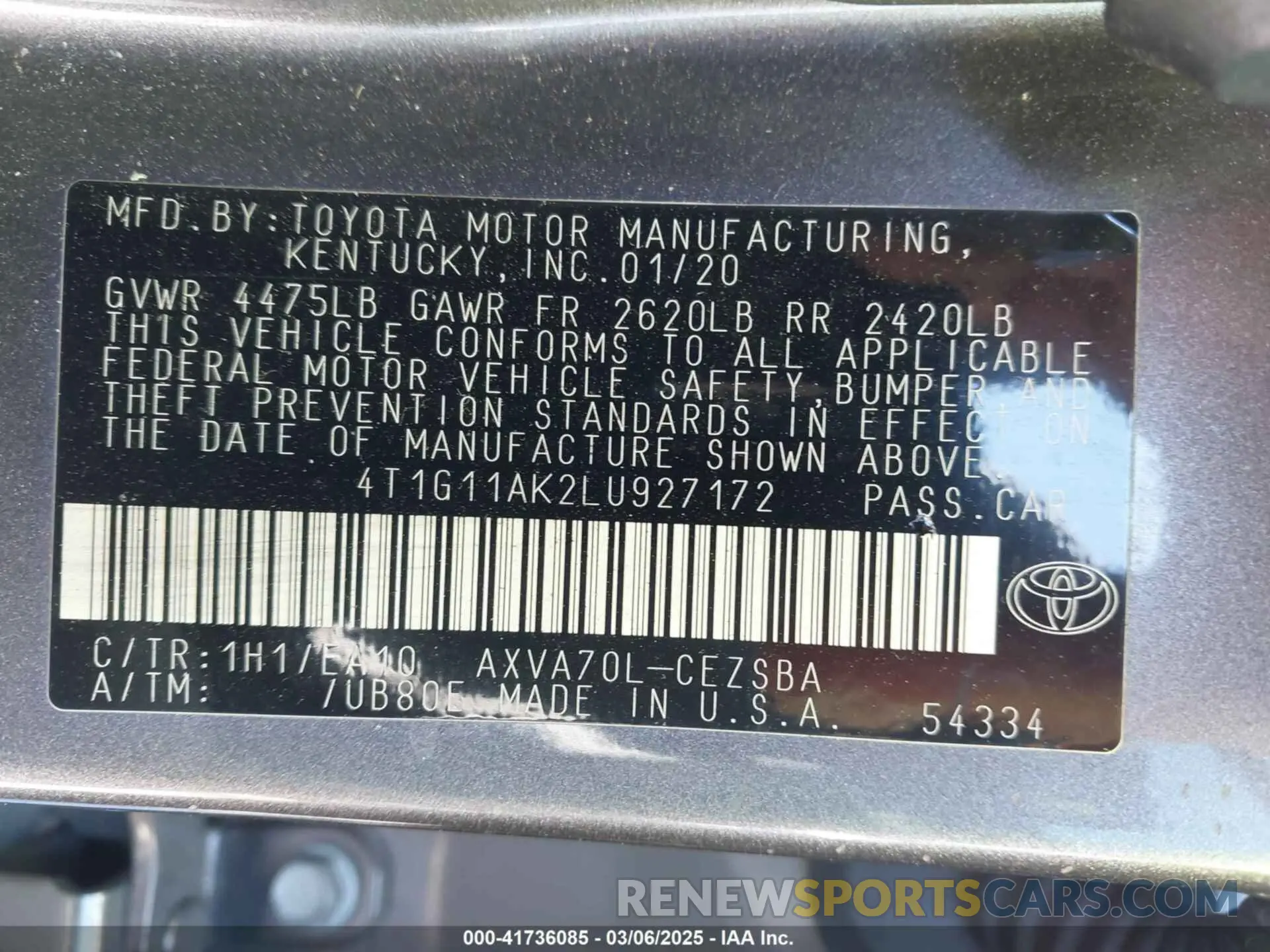 9 Фотография поврежденного автомобиля 4T1G11AK2LU927172 TOYOTA CAMRY 2020