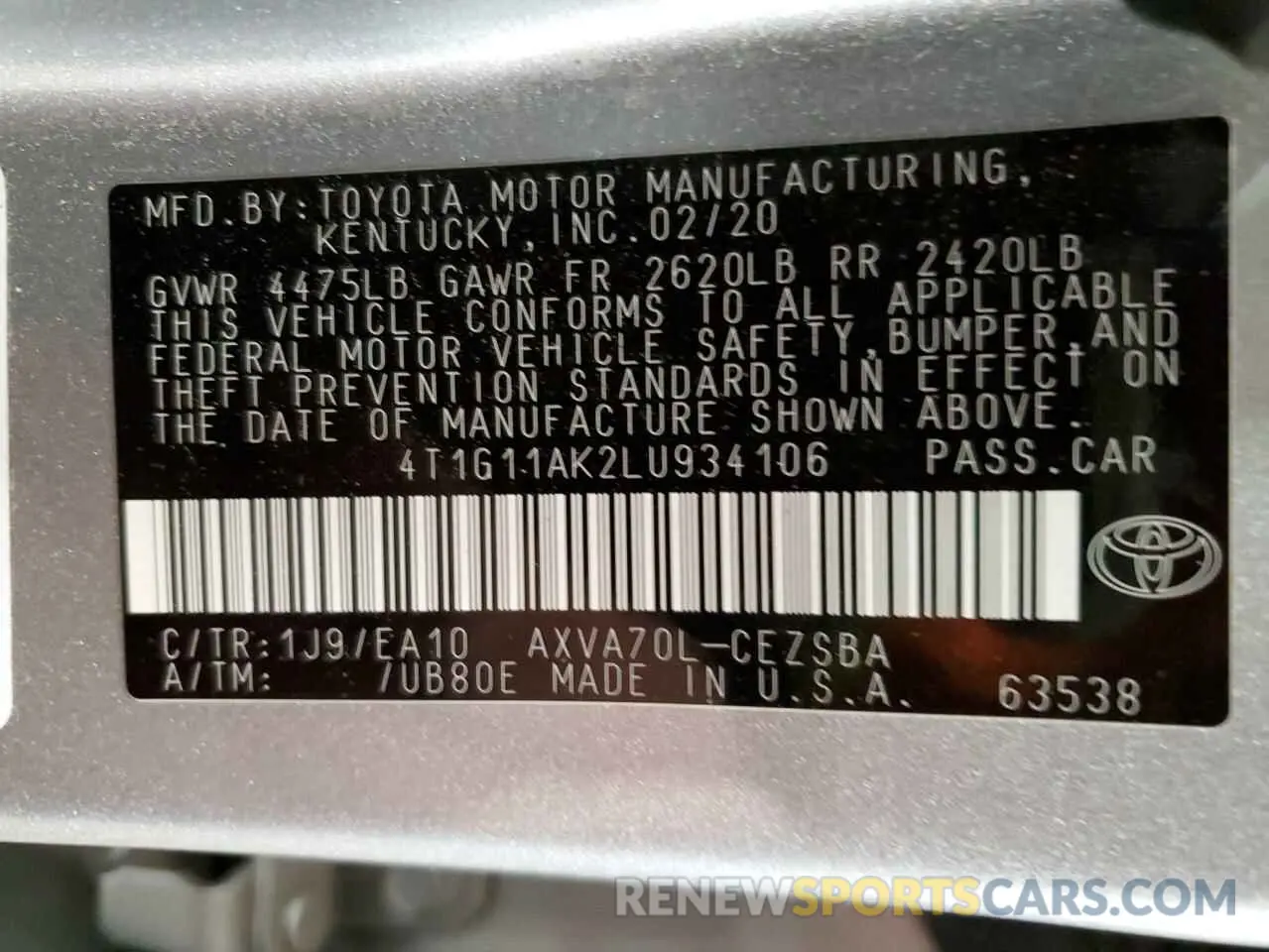 10 Фотография поврежденного автомобиля 4T1G11AK2LU934106 TOYOTA CAMRY 2020