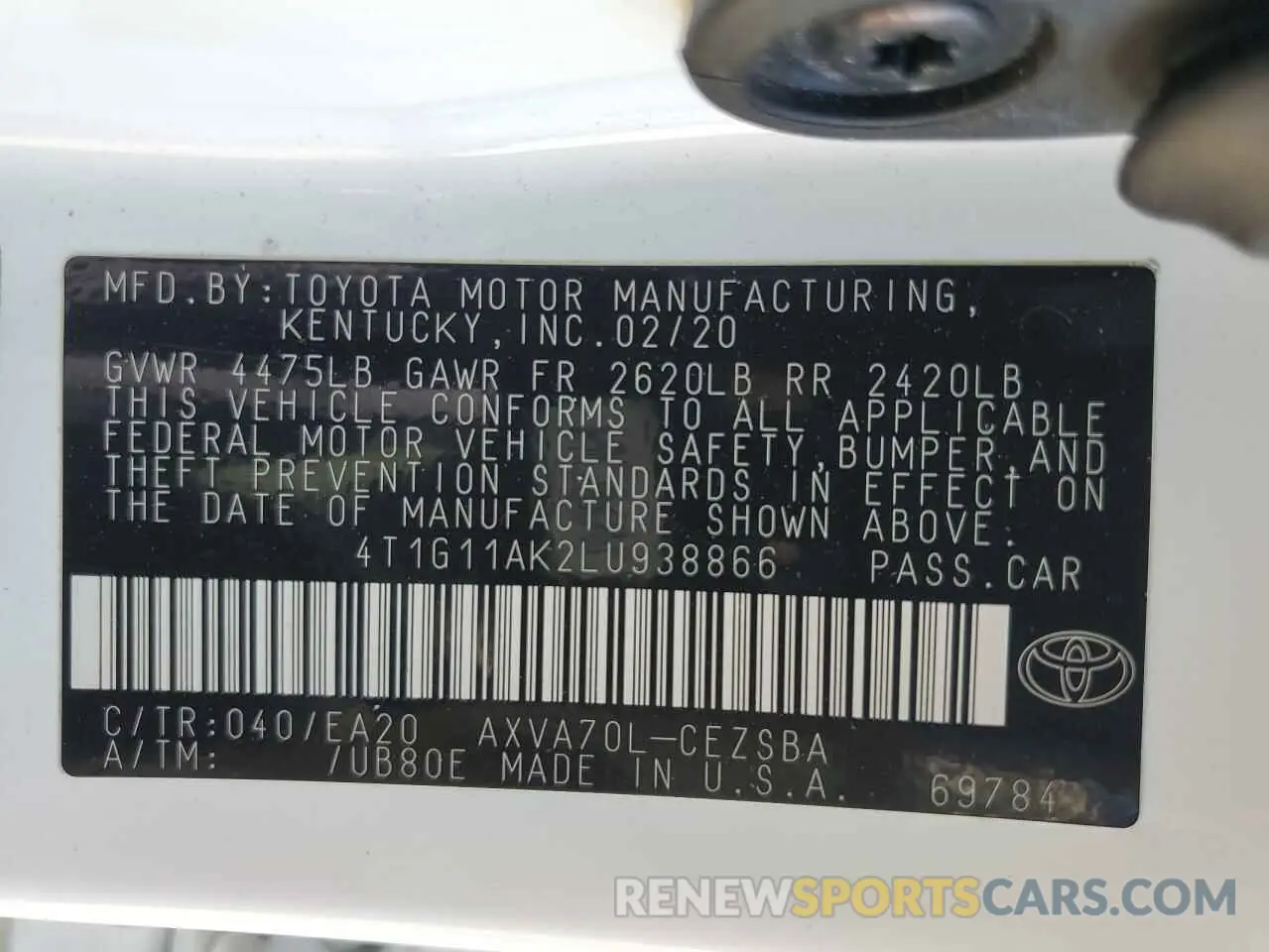 14 Photograph of a damaged car 4T1G11AK2LU938866 TOYOTA CAMRY 2020