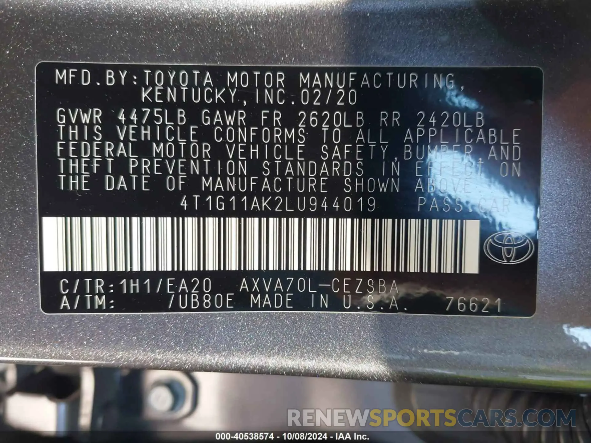 9 Фотография поврежденного автомобиля 4T1G11AK2LU944019 TOYOTA CAMRY 2020